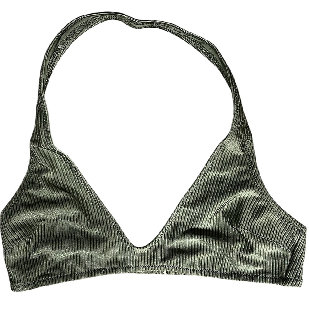 Aerie Shine Ribbed String Triangle Bikini Top Olive Green Sz S NWT
